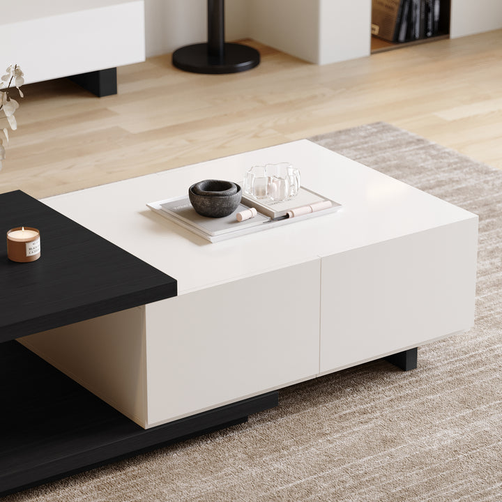 Quoint 1750mm Modern White & Black Coffee Table Retracted & Extendable with 2-Drawer