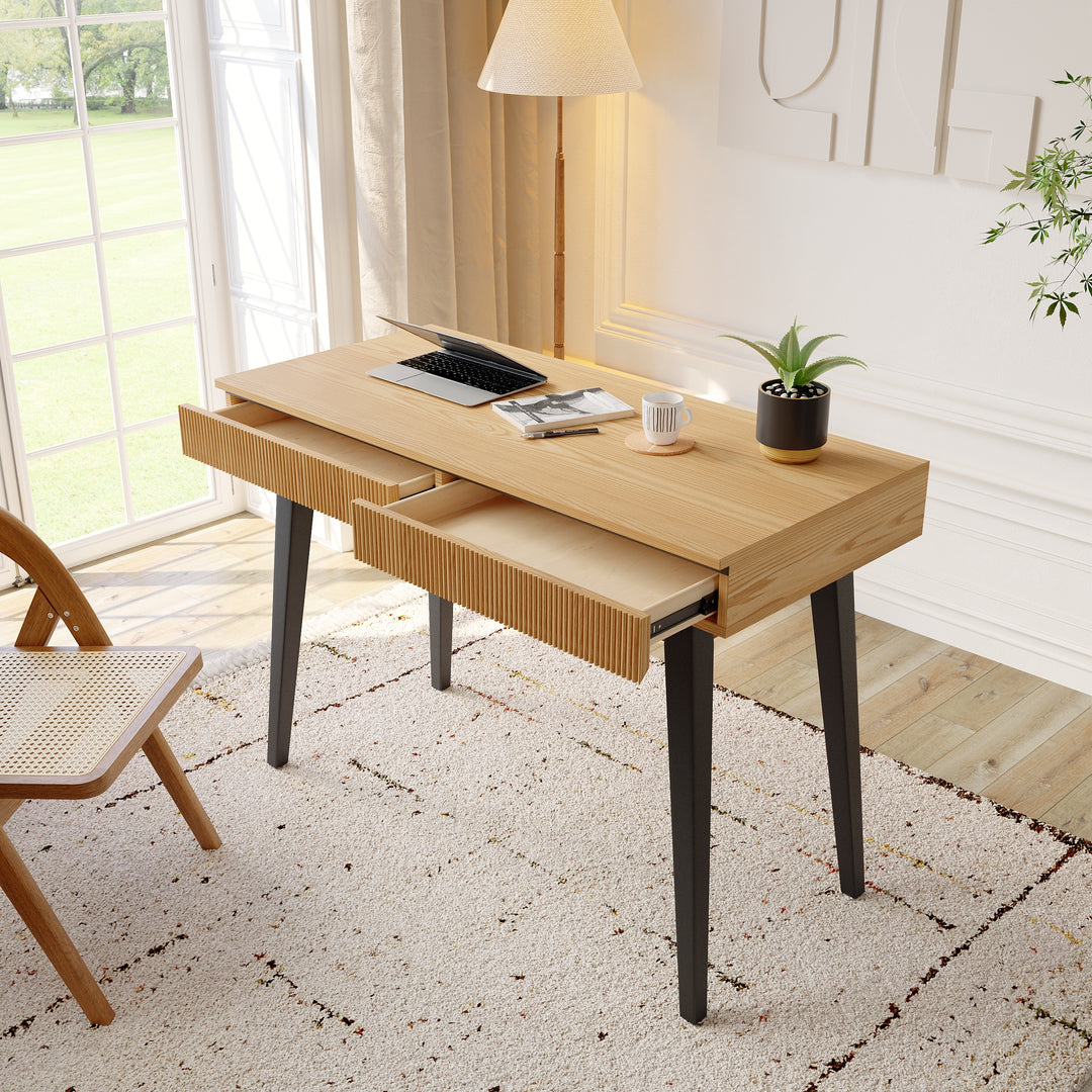 1100mm Natural Modern Desk with 2 Drawers & Tapered Legs