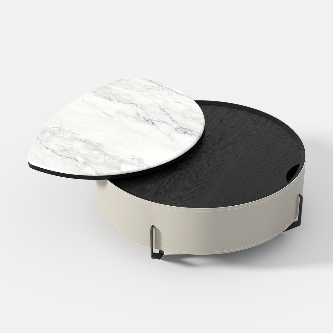 Round Lift-Top Coffee Table with Modern Faux Marble Tabletop and Leather Side