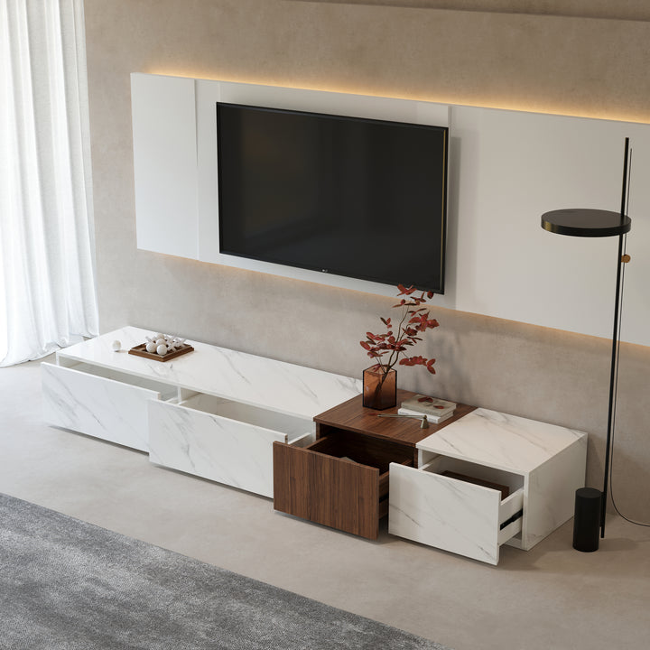 Vewal Modern Wood Block TV Stand Marble & Walnut Veneer in White with 4 Drawers