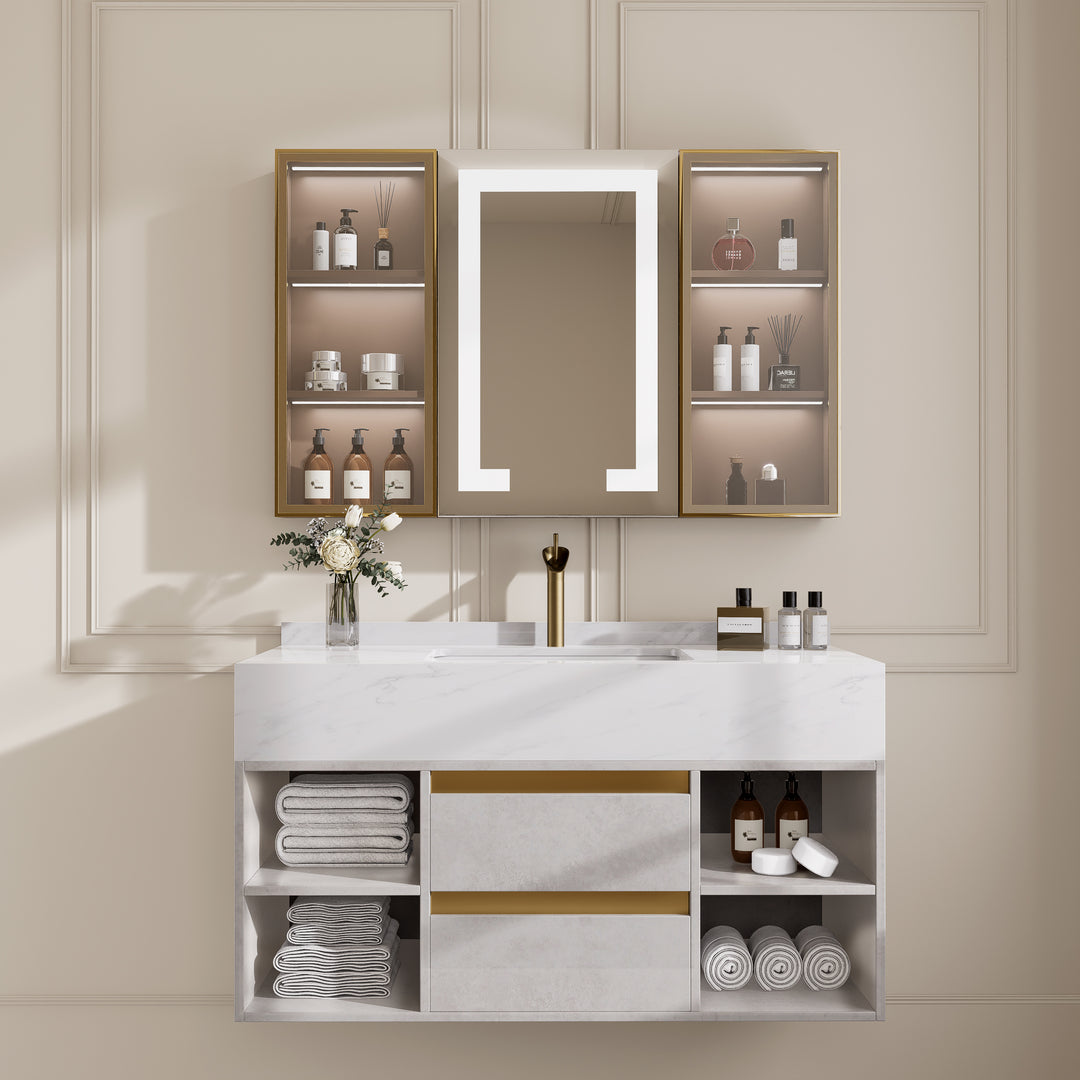 1000mm Floating Ceramic Sink & Shelves in Grey & Bathroom Cabinet Vanity