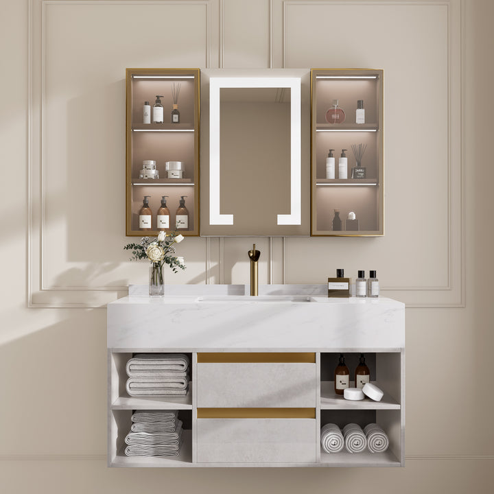 1000mm Floating Ceramic Sink & Shelves in Grey & Bathroom Cabinet Vanity