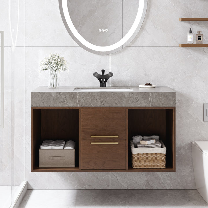 39.4" Floating Bathroom Vanity Walnut with Cultured Marble Vessel Sink with 2 Drawers