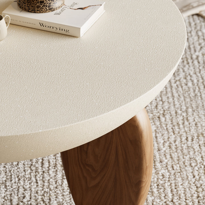 Curva Round Small Modern Beige & Walnut Coffee Table Concrete & Wood Accent Table