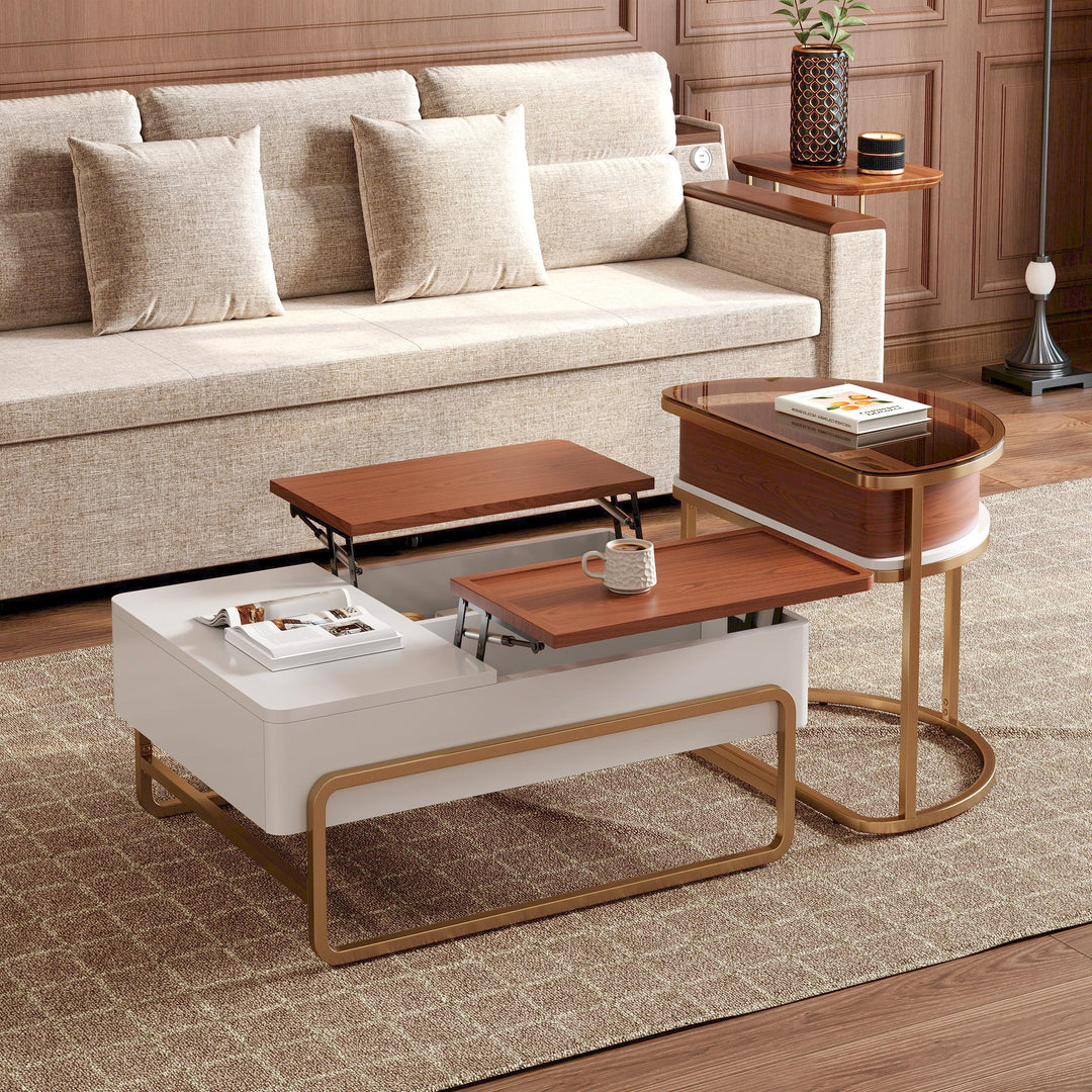 Glass Top Lift Top Nesting Coffee Table Modern Walnut & White