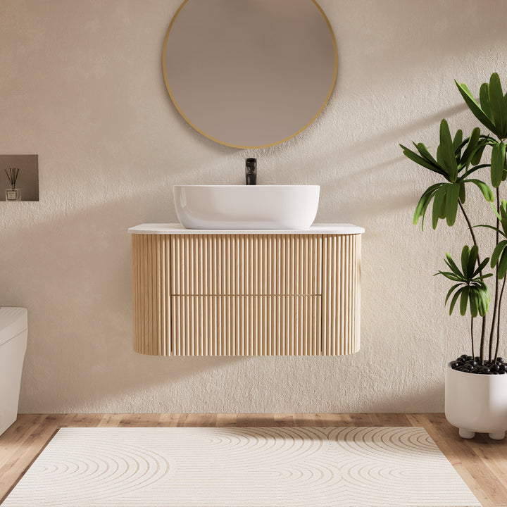 800mm Floating Fluted Wall mounted Bathroom Vanity Set Sintered Stone Top with Vessel Single Basin & 2 Drawers