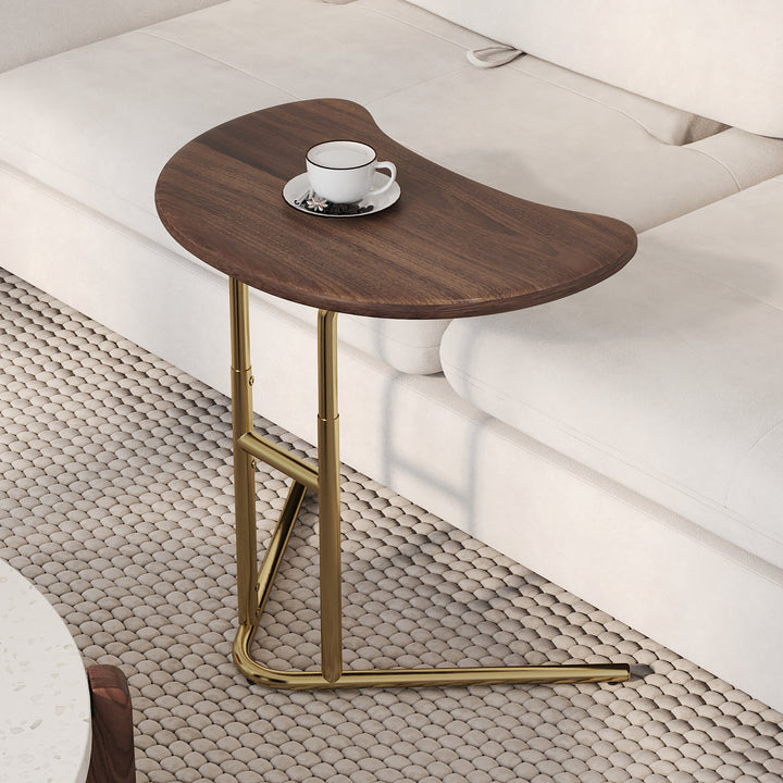 Lift Top Side Table Walnut & Gold C-shaped Adjustable End Table for Living Room