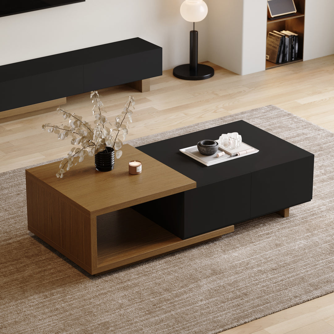 Quoint 1750mm Modern Black & Walnut Coffee Table Retracted & Extendable with 2-Drawer