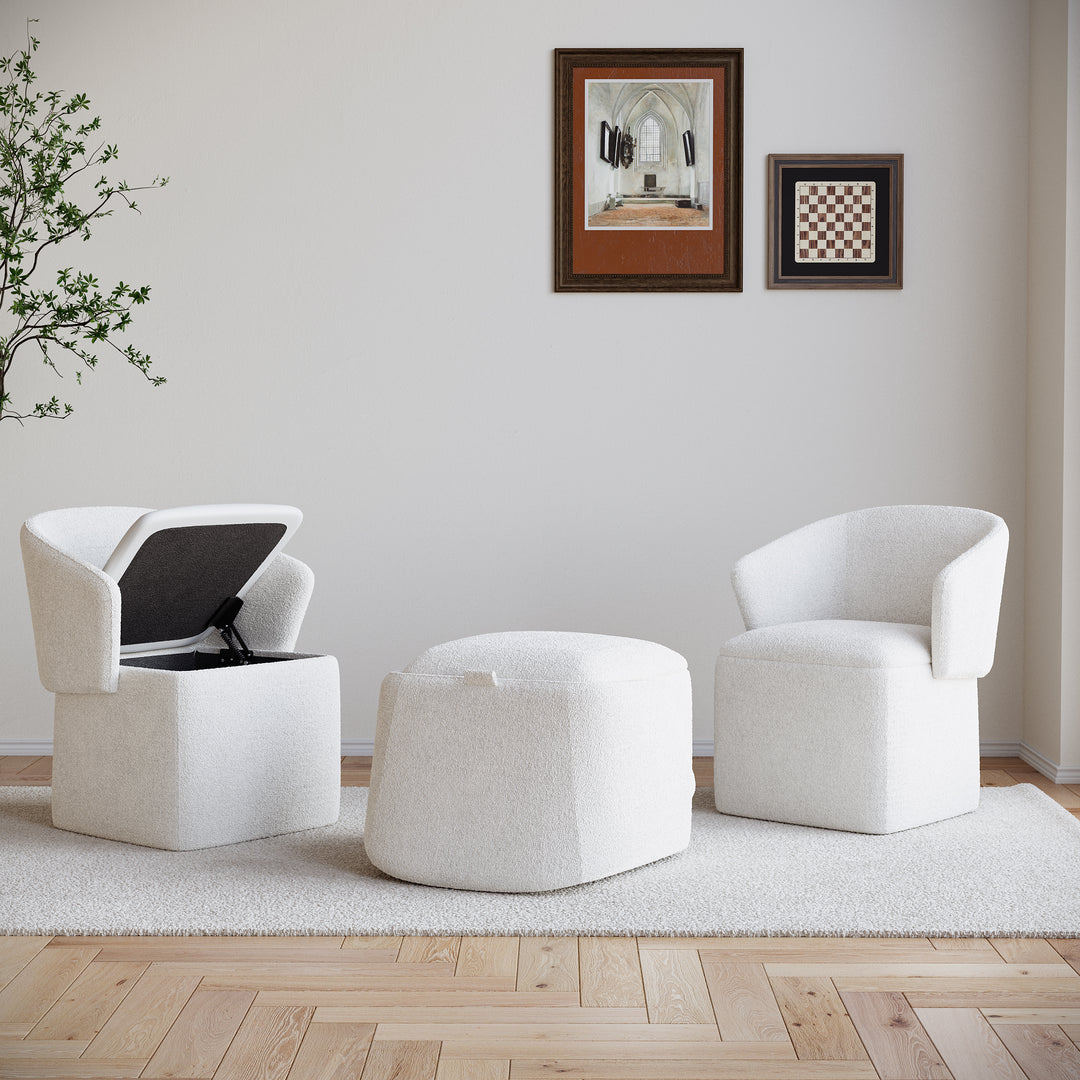 Modern White Boucle Vanity Stool with Storage