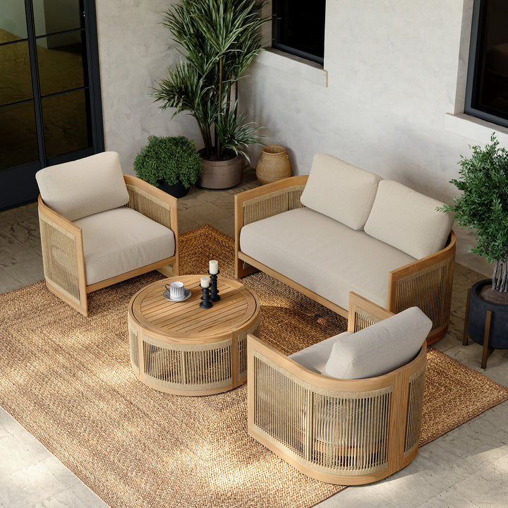 4PCS Teak Outdoor Sofa Set Boho Yard & Patio Furniture for 4 Person in Beige & Brown Cushion & Pillow Included