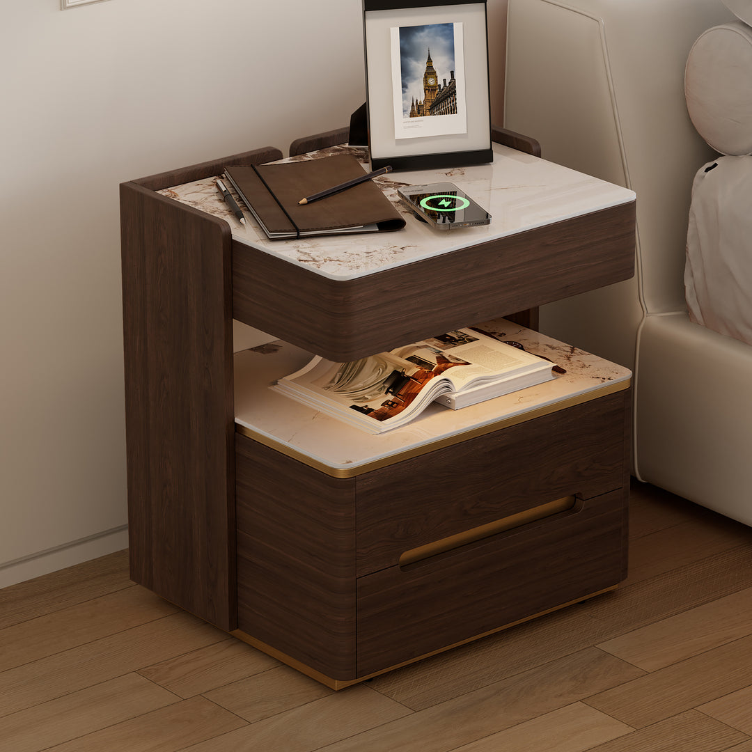 Modern Smart Walnut Nightstand with Wireless Charger & Sensor Light & Bluetooth Speakers Sintered Stone Bedisde Table