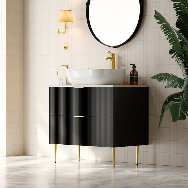 800mm Black Single Fluted Bathroom Vanity with Vessel Sink and 2 Drawers