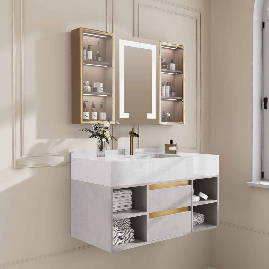 1000mm Floating Ceramic Sink & Shelves in Grey & Bathroom Cabinet Vanity