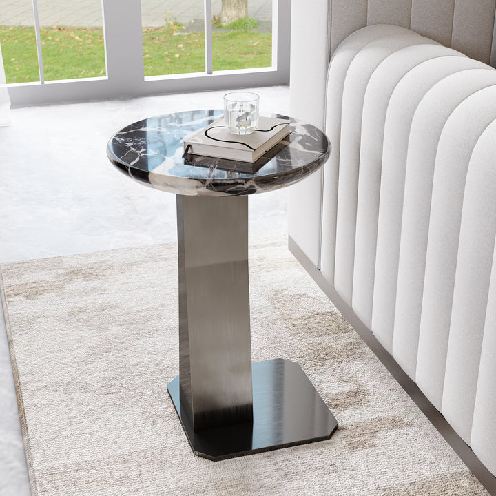 Marble Top C-shape Side Table Modern Black & Silver End Table