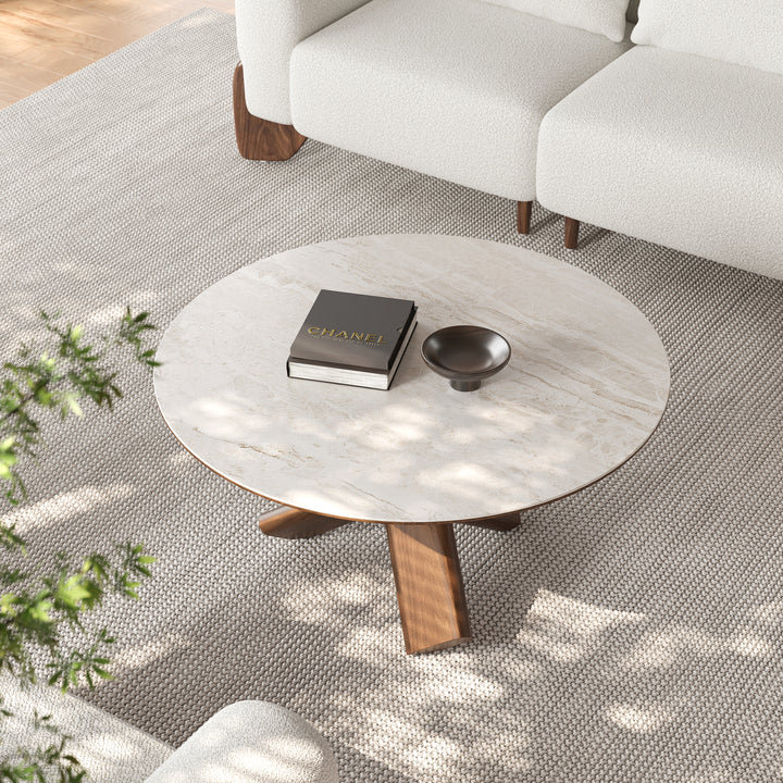 Mid Century Modern Sintered Stone Top Beige & Walnut Coffee Table with Solid Wood Base