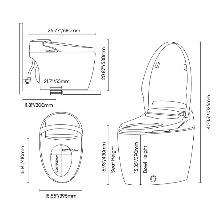 Automatic Smart Bidet Toilet with Auto Open/Close Lid White Horizontal Outlet Horizontal