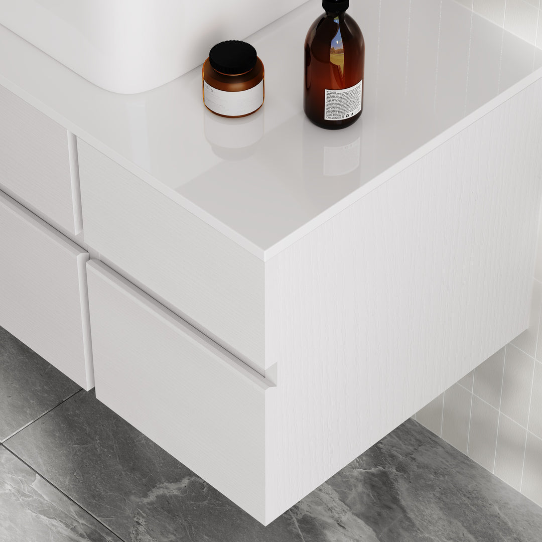 31" Floating Wall-mounted Bathroom Vanity Faux Marble Top with Ceramic Vessel Sink White