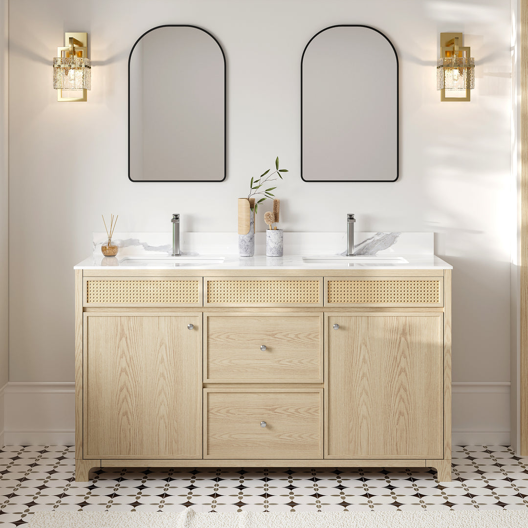 1550mm Freestanding Bathroom Vanity Sintered Stone Top with 2 Drawers & 2 Cabinets Natural