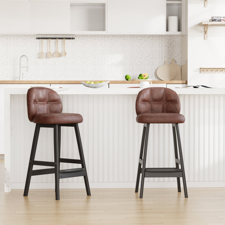 Set of 2 Rustic PU Leather Counter Stools with Upholstered Brown