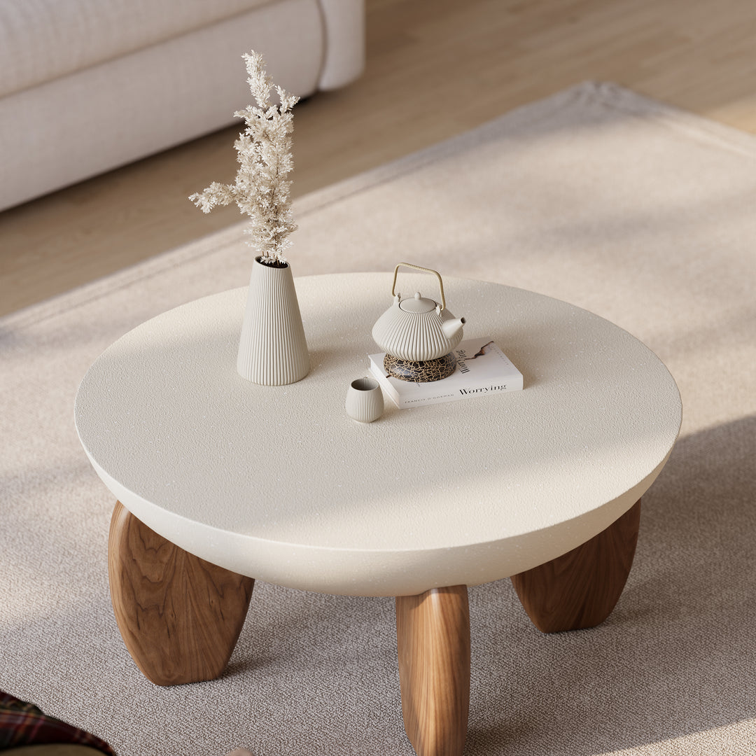 Curva Round Small Modern Beige & Walnut Coffee Table Concrete & Wood Accent Table