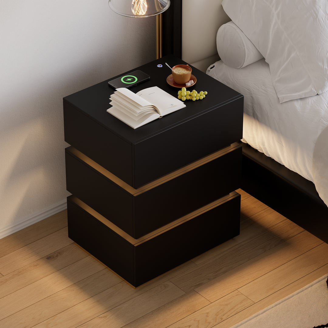 Smart LED 3 Drawer Nightstand Wireless Charging Station Bedside Table with Light Modern Black