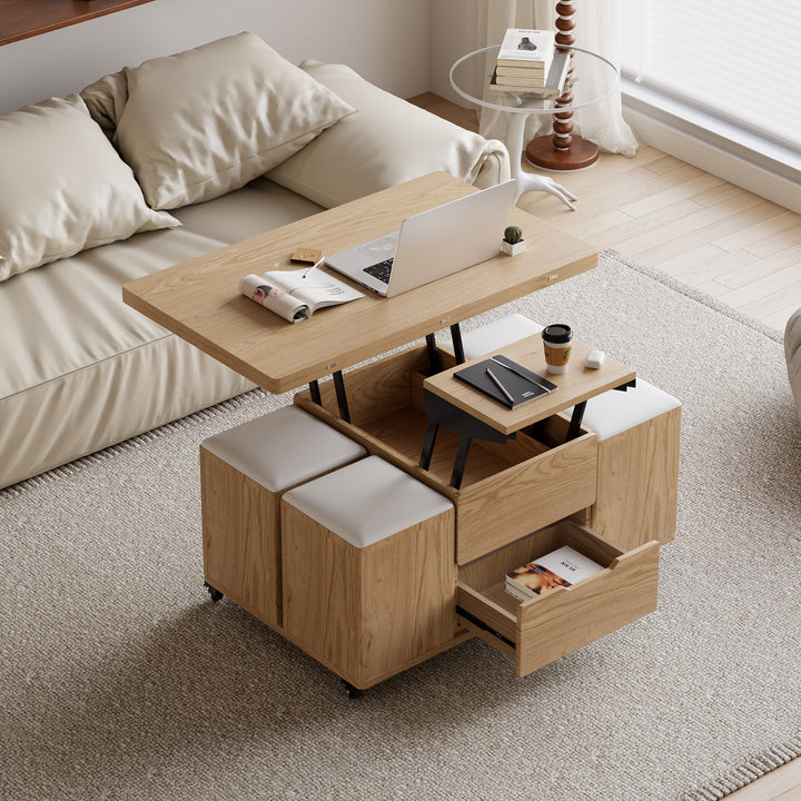 Modern Natural Lift Top Coffee Table 4 in 1 with Storage Ottoman Foldable and Casters