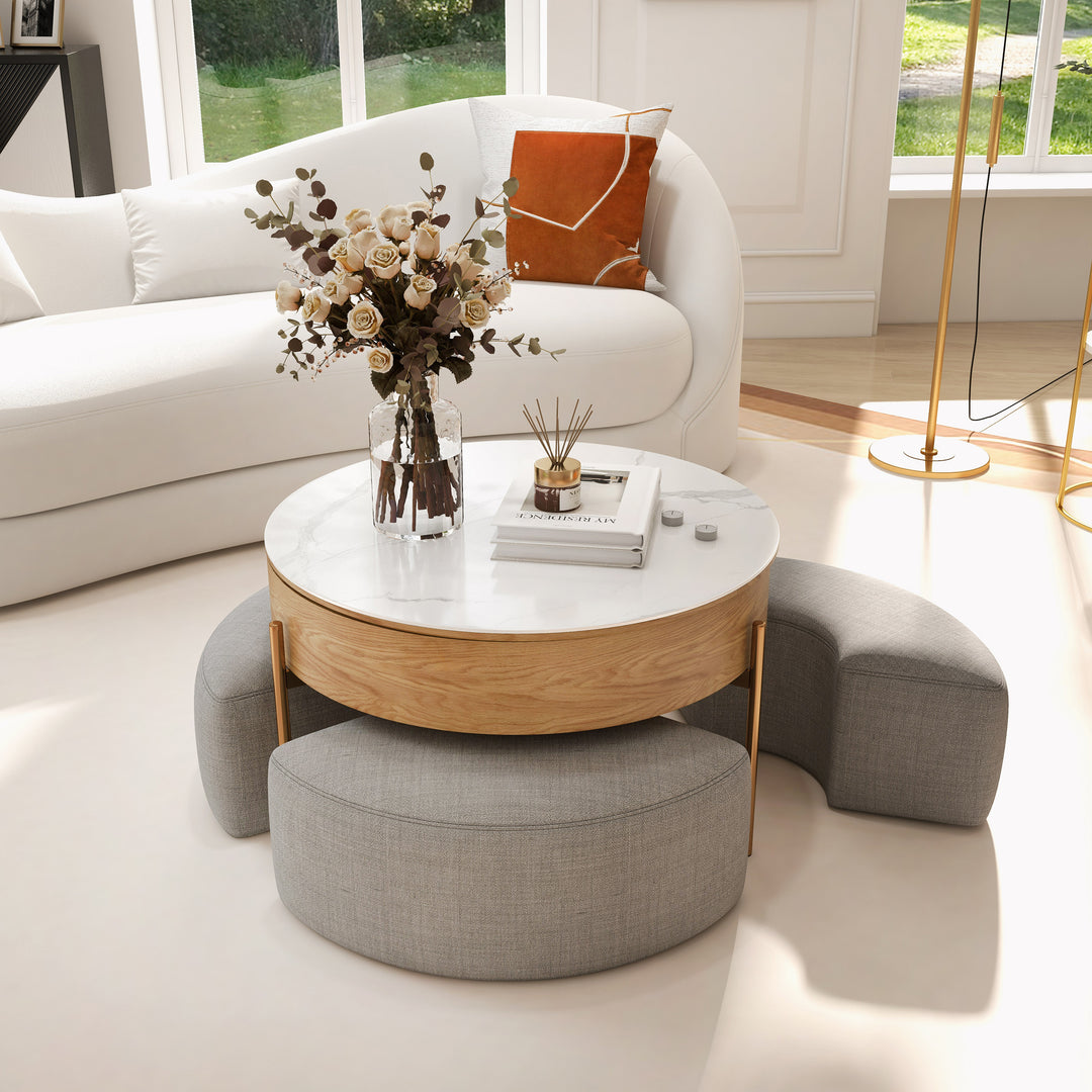 Round Lift-Top Wood Coffee Table Set with Storage White & Natural with Stools