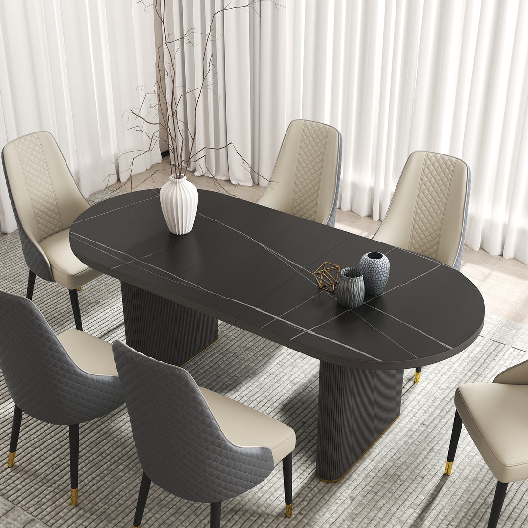 79''-95'' Oval Dining Table Extendable Butterfly Leaf Sintered Stone Top 8-10 Seater Black