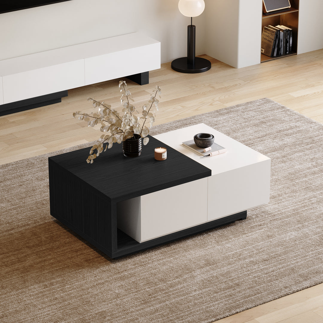 Quoint 1750mm Modern White & Black Coffee Table Retracted & Extendable with 2-Drawer