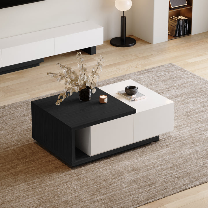 Quoint 1750mm Modern White & Black Coffee Table Retracted & Extendable with 2-Drawer