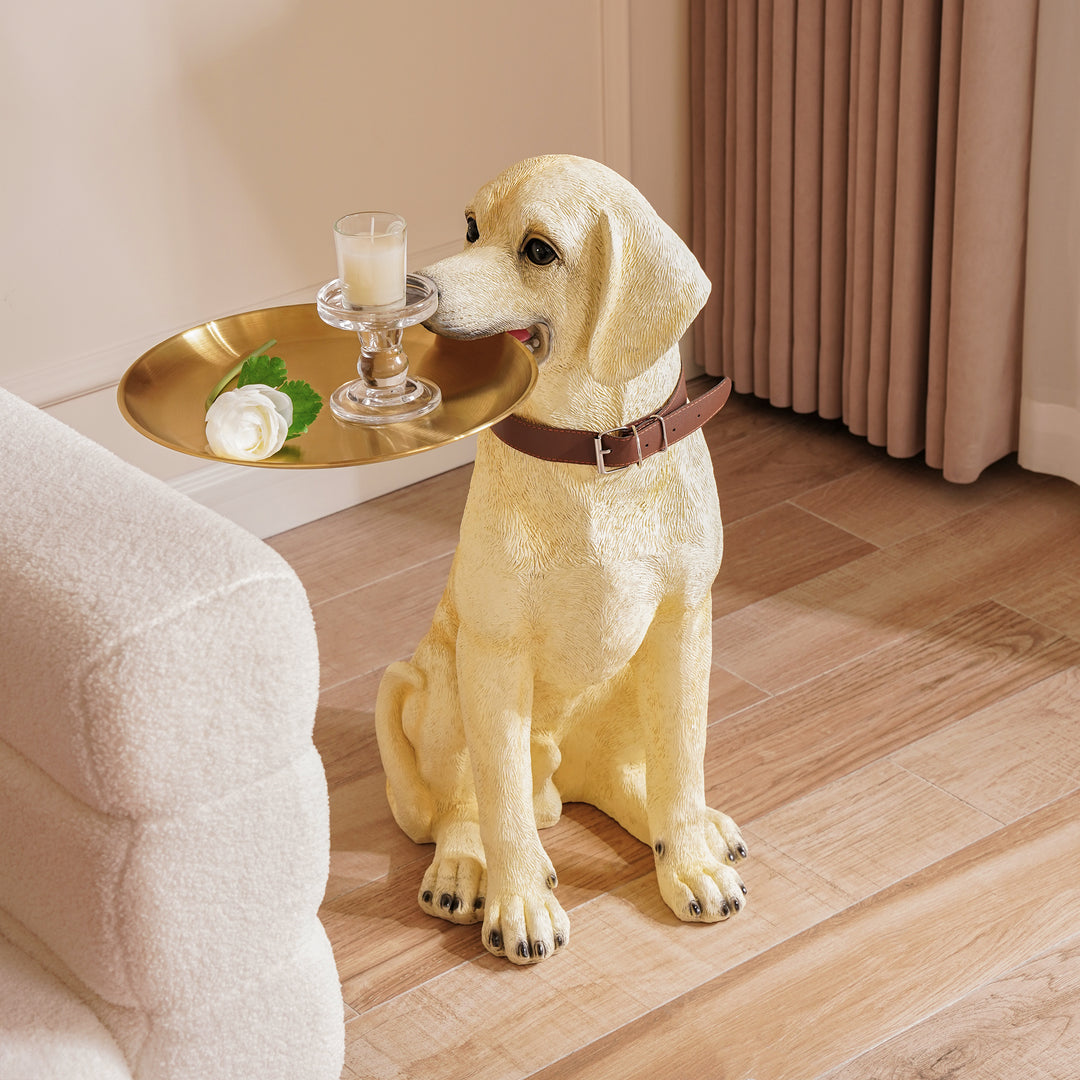 Modern Beige Resin Dog Sculpture Cute End Side Table with Stainless Steel Storage Tray