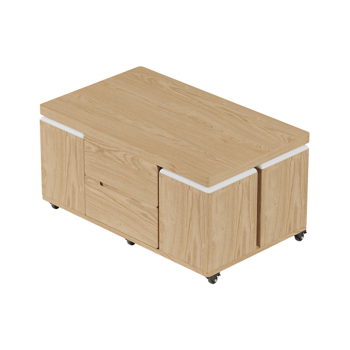 Modern Natural Lift Top Coffee Table 4 in 1 with Storage Ottoman Foldable and Casters