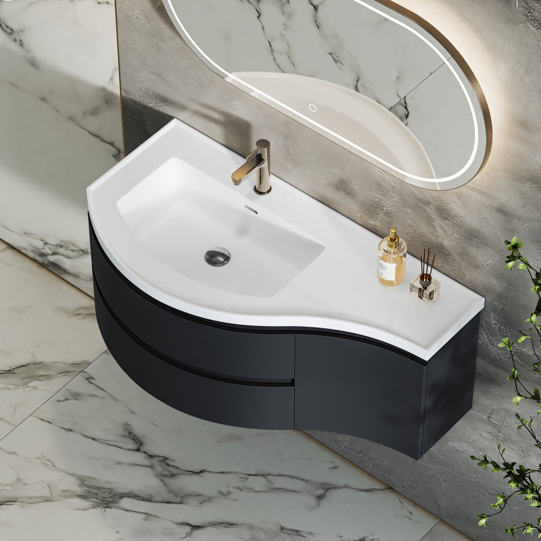 35.4" Floating Curved Bathroom Vanity Wall Mounted Half-Circle Black Bathroom Cabinet with Sink