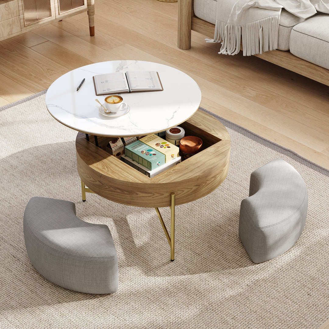 Round Lift-Top Wood Coffee Table Set with Storage White & Natural with Stools