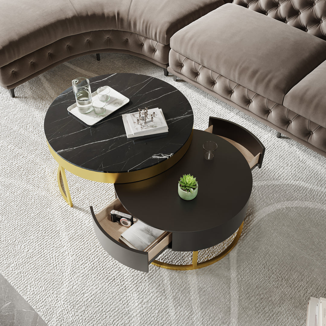 Round 2-Piece Nesting Set Marble Veneer Top Coffee Table and Wooden Coffee Table with Storage