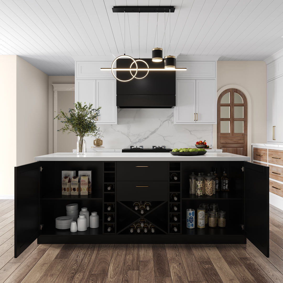 72'' Marble Kitchen lsland Faux Marble with Wine Storage Black Modern Large Kitchen Cabinet