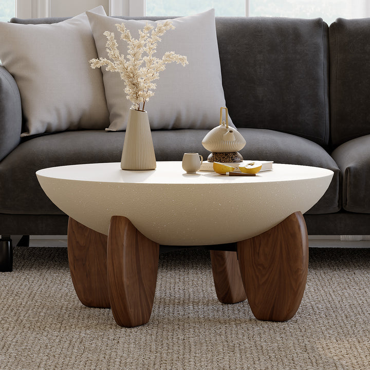 Curva Round Small Modern Beige & Walnut Coffee Table Concrete & Wood Accent Table