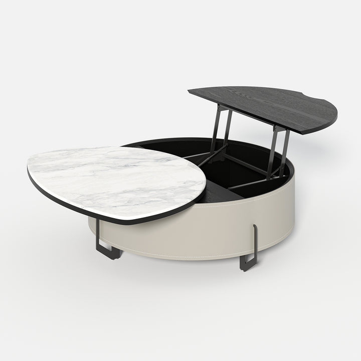 Round Lift-Top Coffee Table with Modern Faux Marble Tabletop and Leather Side