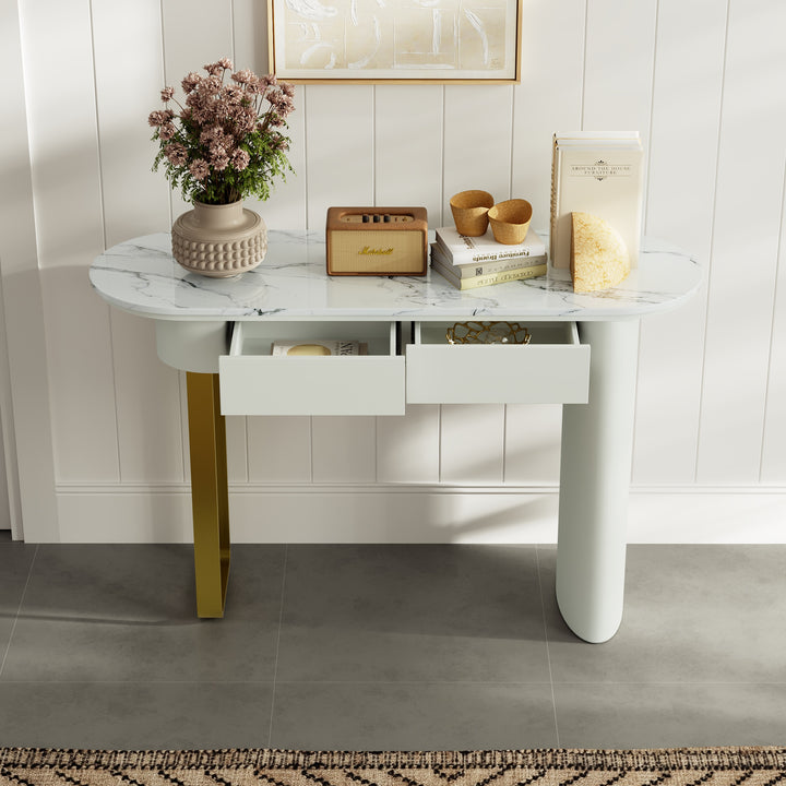 2-Drawer Marble Console Table Entryway Furniture in White (1200mm Wide)