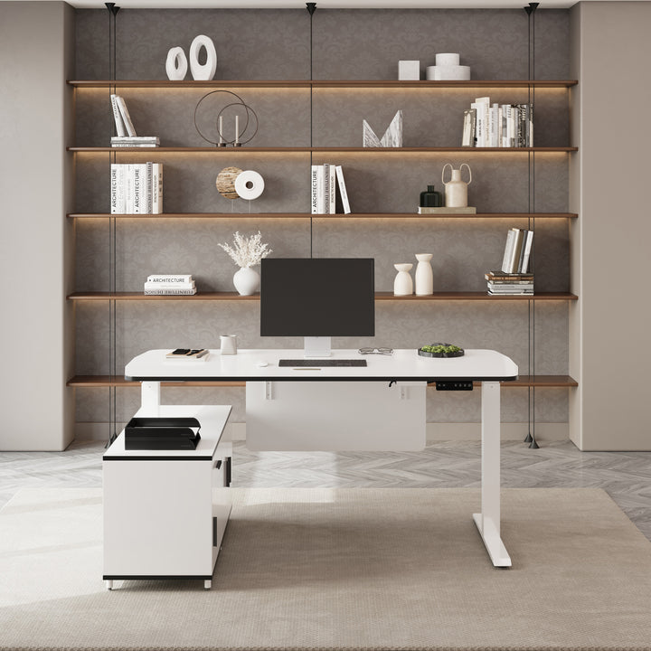 L Shaped Executive Office Desk Standing Desktop with 3 Doors & Drawer White Office Furniture Left Hand(1600mm)