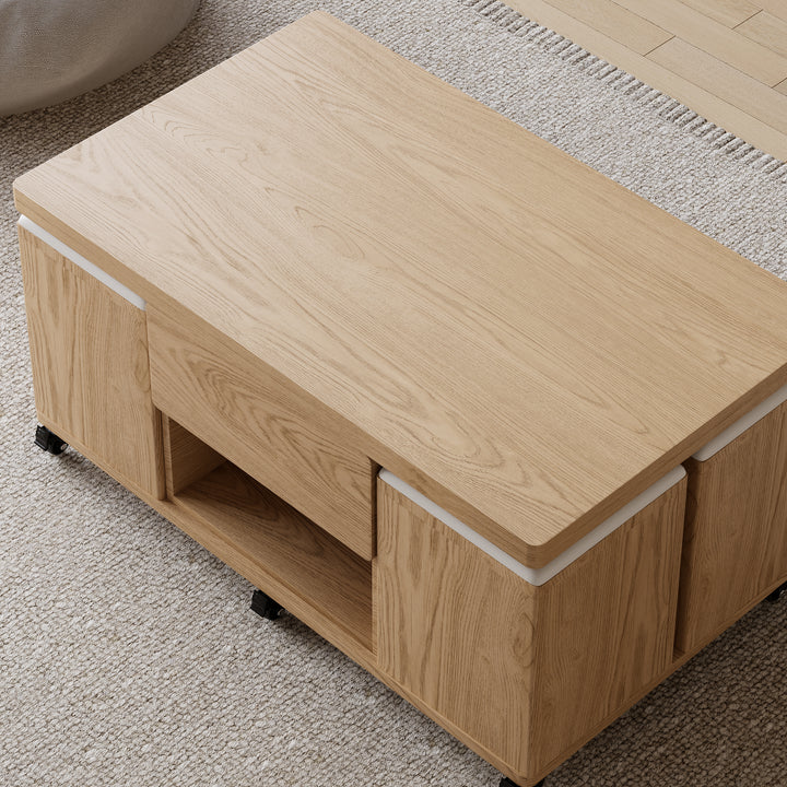 Modern Natural Lift Top Coffee Table 4 in 1 with Storage Ottoman Foldable and Casters