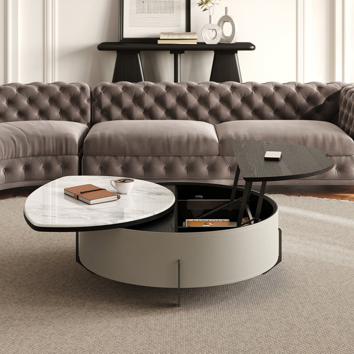 Round Lift-Top Coffee Table with Modern Faux Marble Tabletop and Leather Side