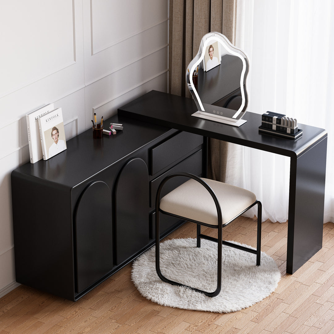 Modern White Makeup Vanity Retractable Dressing Table with Doors & Drawers Beauty Station for Bedroom