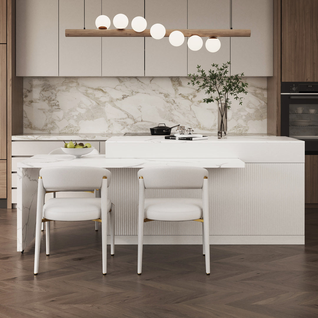 2050mm-2680mm Kitchen Islands Extendable Marble Pattern Top White Modern with Doors & Drawers