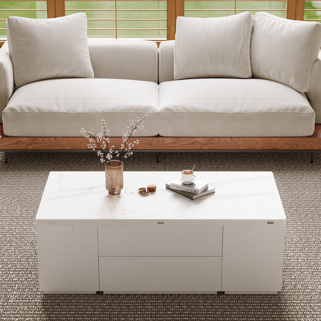 Modern White Lift Top Marble Coffee Table with Drawers & Storage Multifunction Table