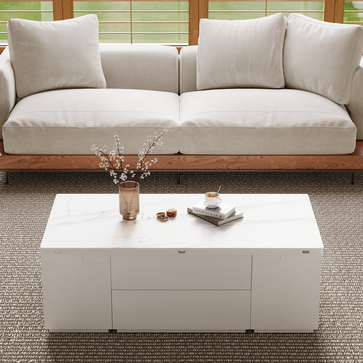 Modern White Lift Top Marble Coffee Table with Drawers & Storage Multifunction Table