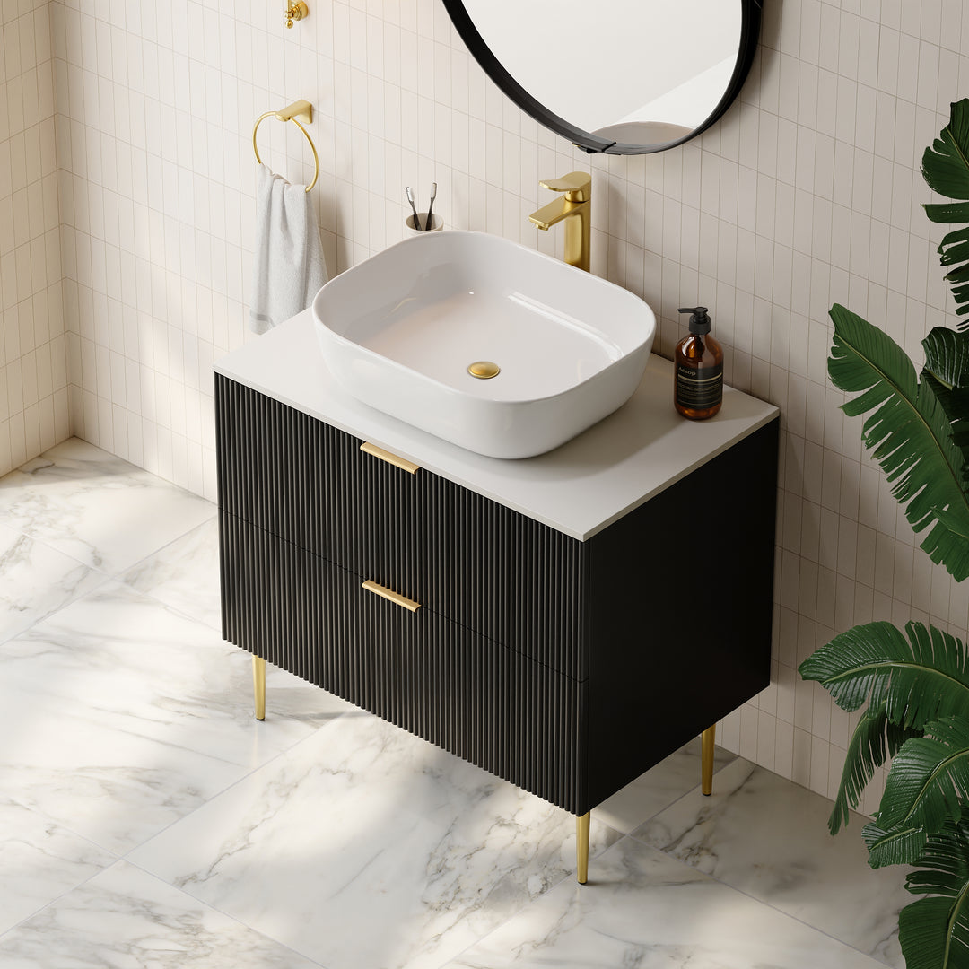 800mm Black Single Fluted Bathroom Vanity with Vessel Sink and 2 Drawers