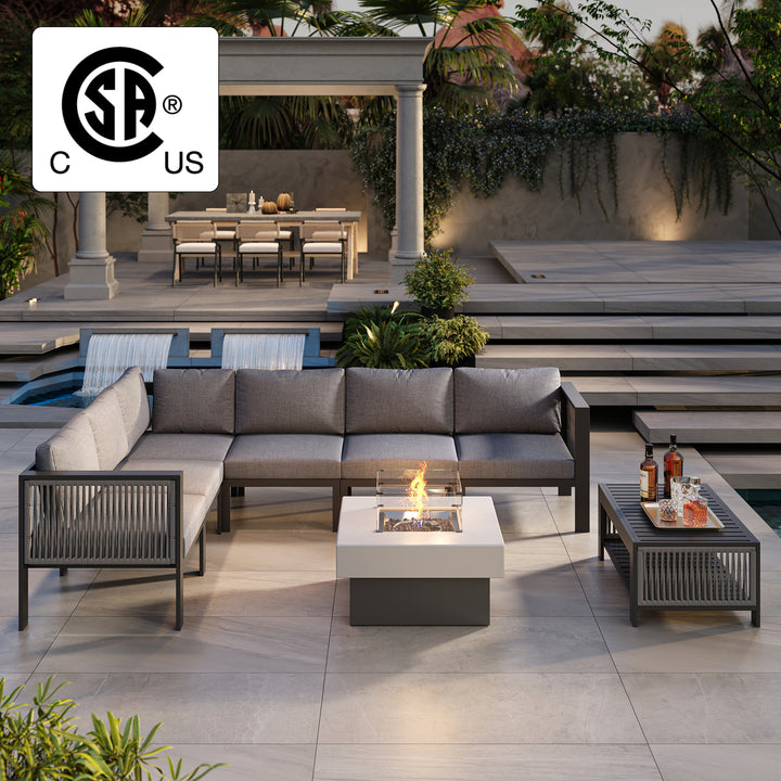 8 PCS L Shaped Outdoor Sectional Sofa Set with Smokeless Propane Fire Pit Table Yard & Patio Furniture for 6 Person in Gray