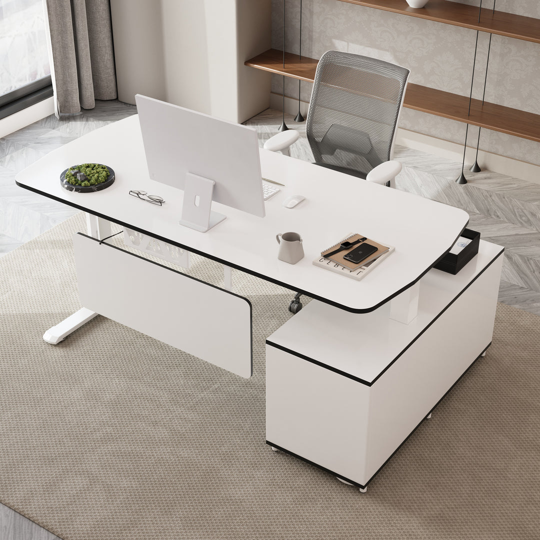 L Shaped Executive Office Desk Standing Desktop with 3 Doors & Drawer White Office Furniture Left Hand(1600mm)