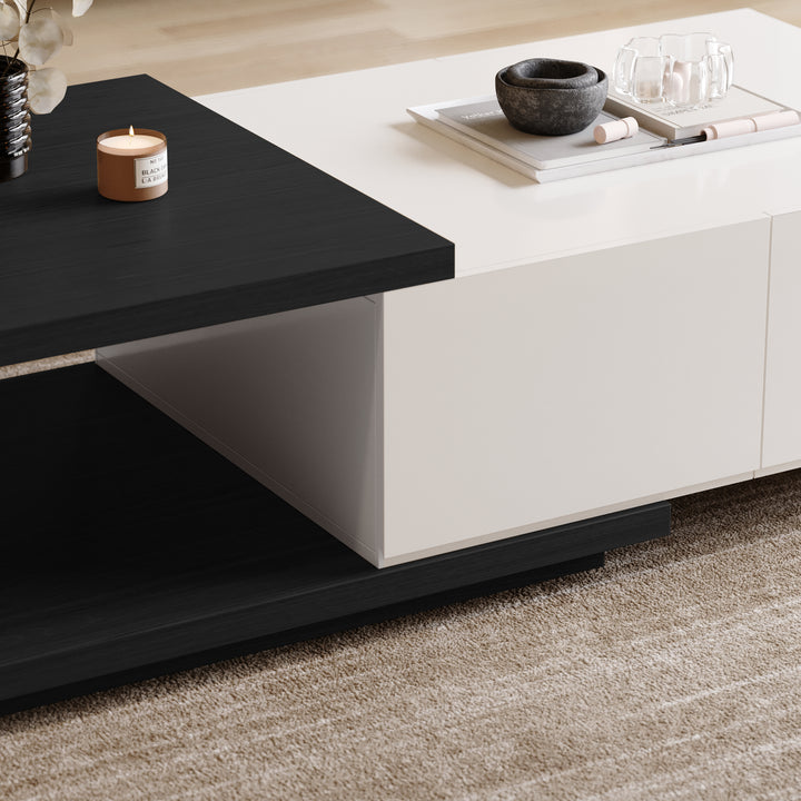 Quoint 1750mm Modern White & Black Coffee Table Retracted & Extendable with 2-Drawer